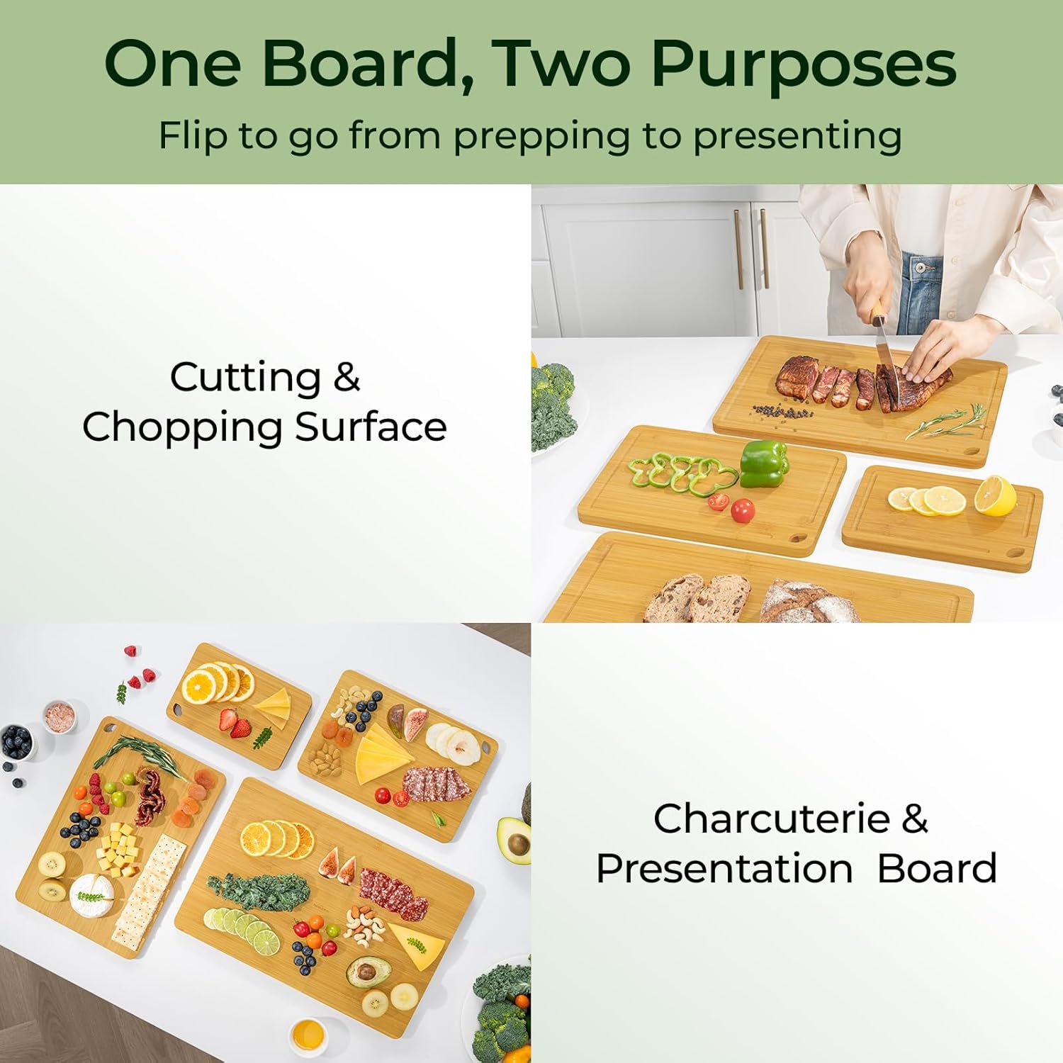 Smooth surface bamboo board for charcuterie and kitchen use