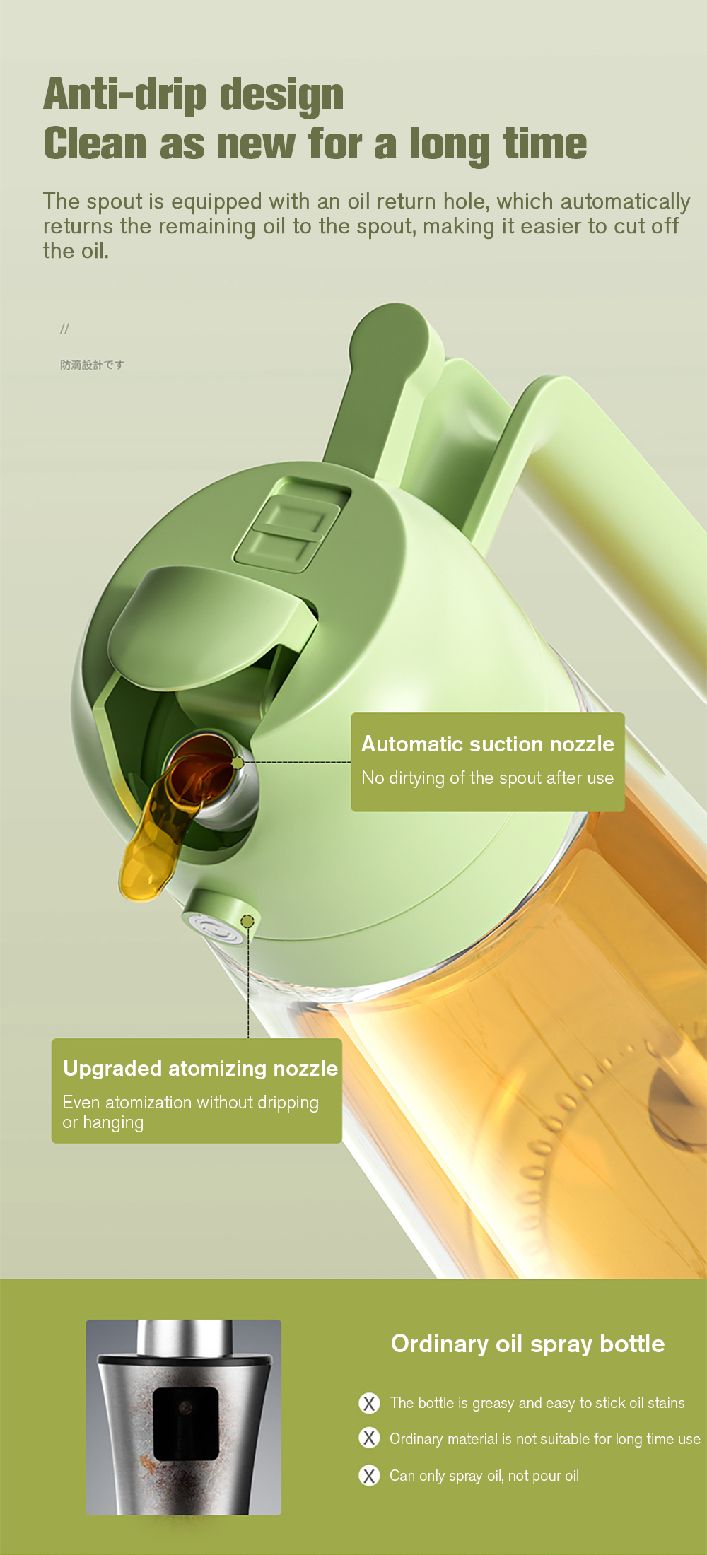 Spray oil bottle for salad, barbecue, and roasting