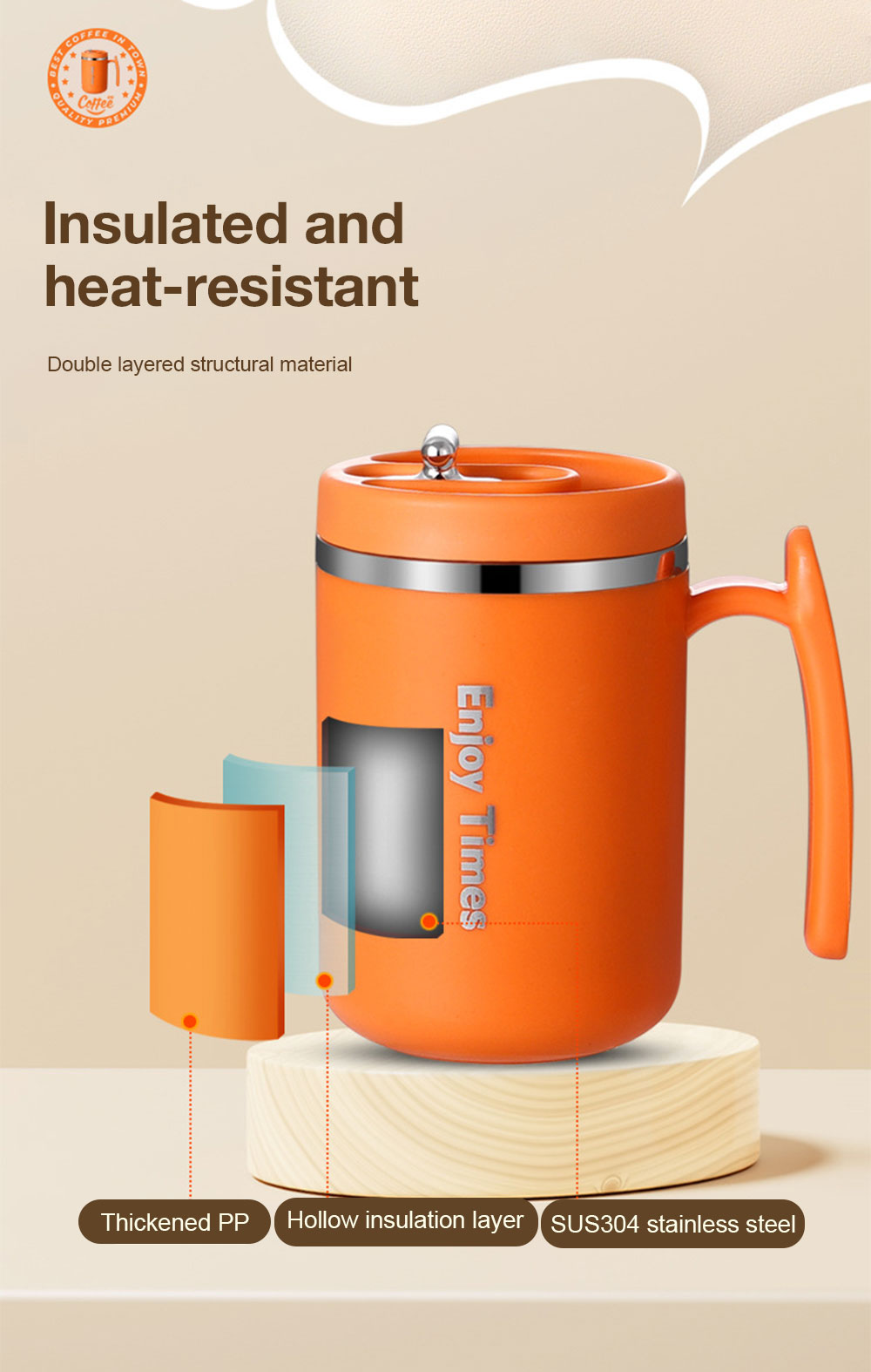 Stainless steel travel coffee cup with lid